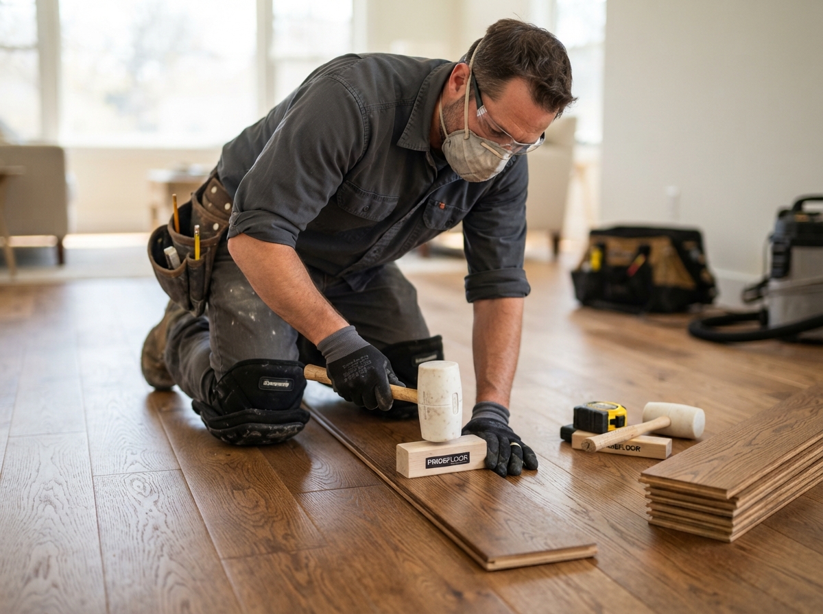 Aleksandr Zhdanyuk, owner of Elite Floors Inc, installing hardwood flooring