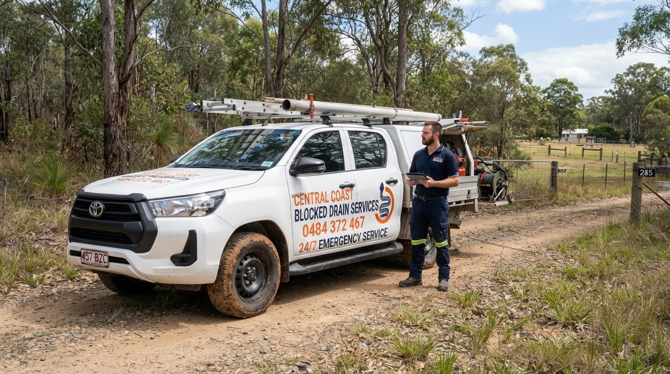 Central Coast Blocked Drain Services branded ute on site in Kiar