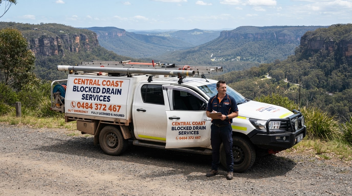 Central Coast Blocked Drain Services branded ute on site in Mangrove Mountain