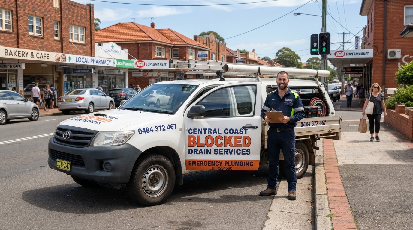 Central Coast Blocked Drain Services branded ute on site in Holgate