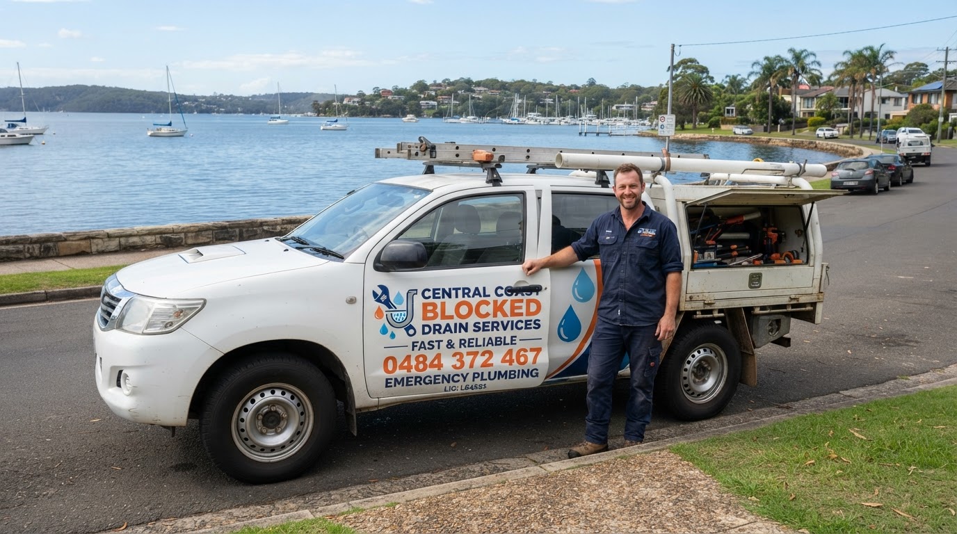 Central Coast Blocked Drain Services branded ute on site in Marlow
