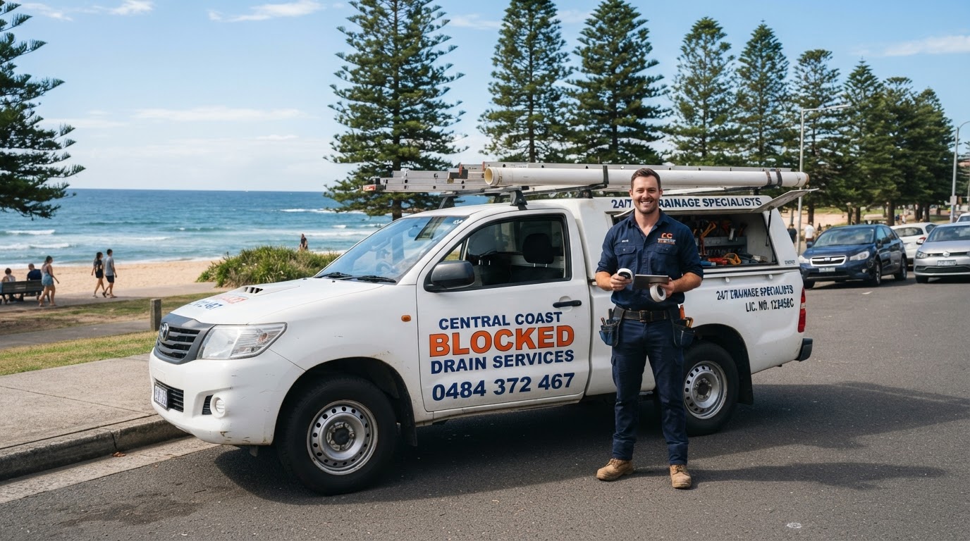 Central Coast Blocked Drain Services branded ute on site in Box Head