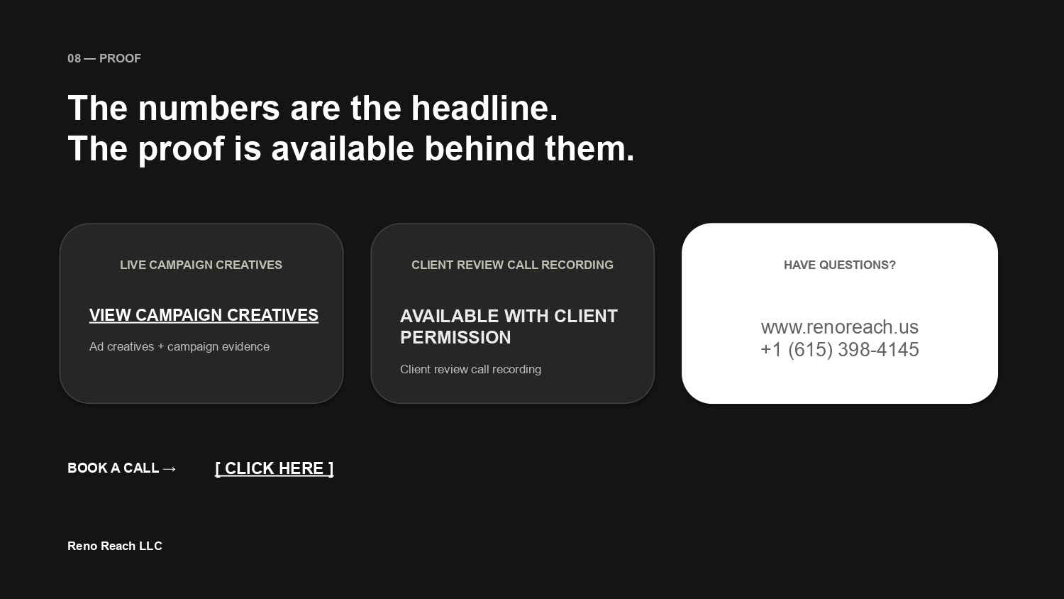 08 — Proof: Live Campaign Evidence & Client Review Call