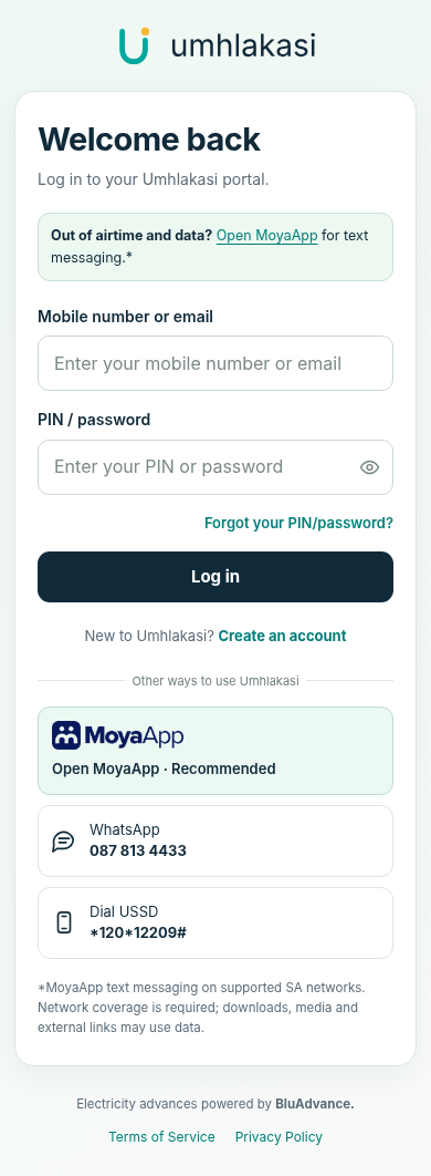 Umhlakasi Portal Mobile Login view
