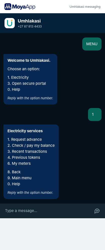 MoyaApp messaging interface showing Umhlakasi menu options