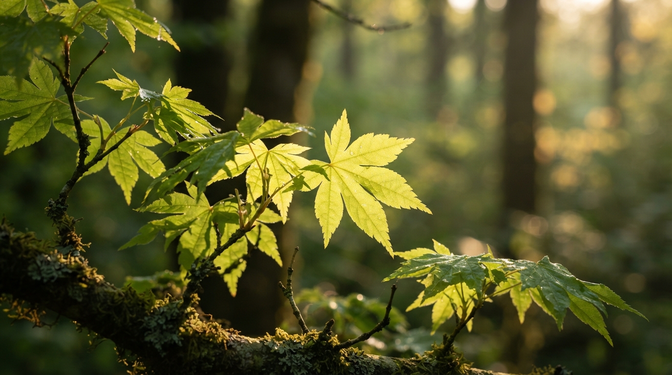 Soft natural sunlight filtering through translucent green leaves