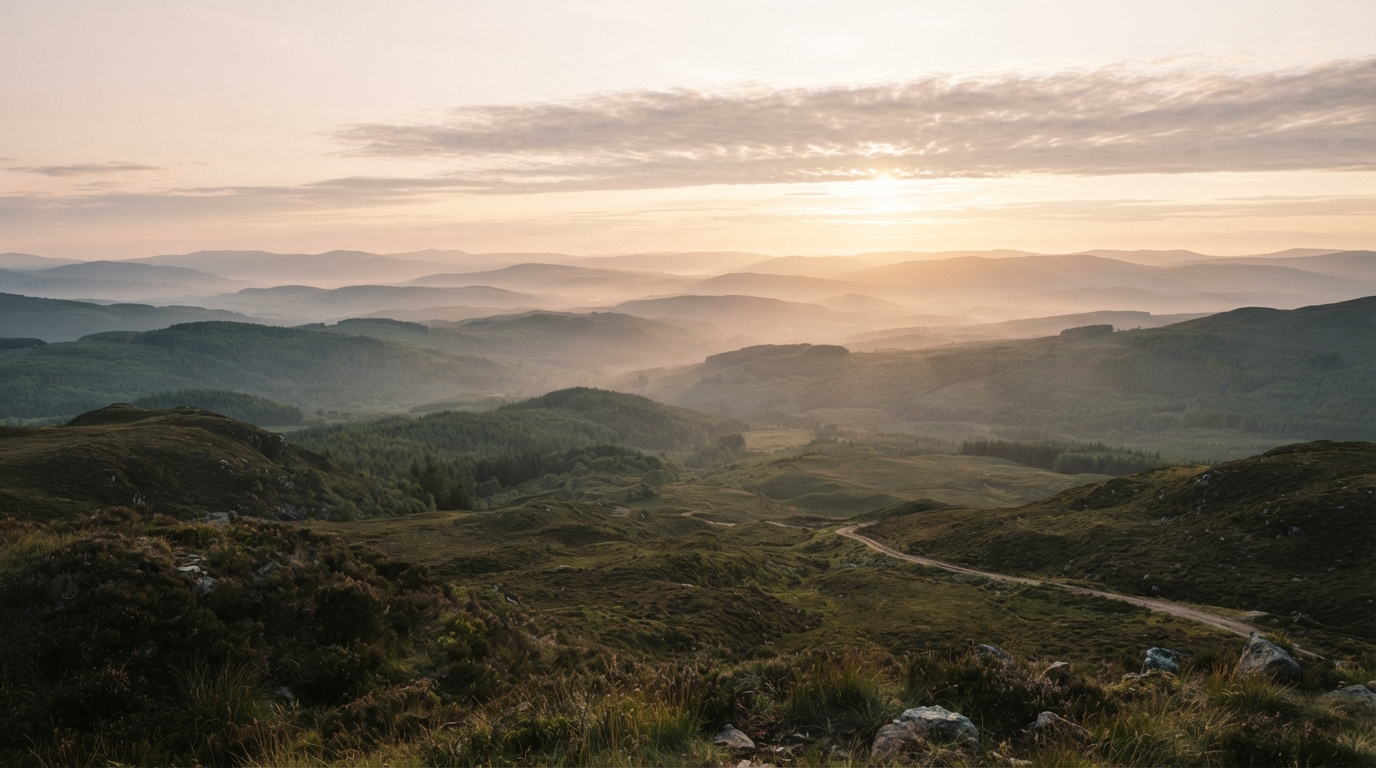 Open natural landscape at golden hour with layered hills receding toward a sunlit horizon