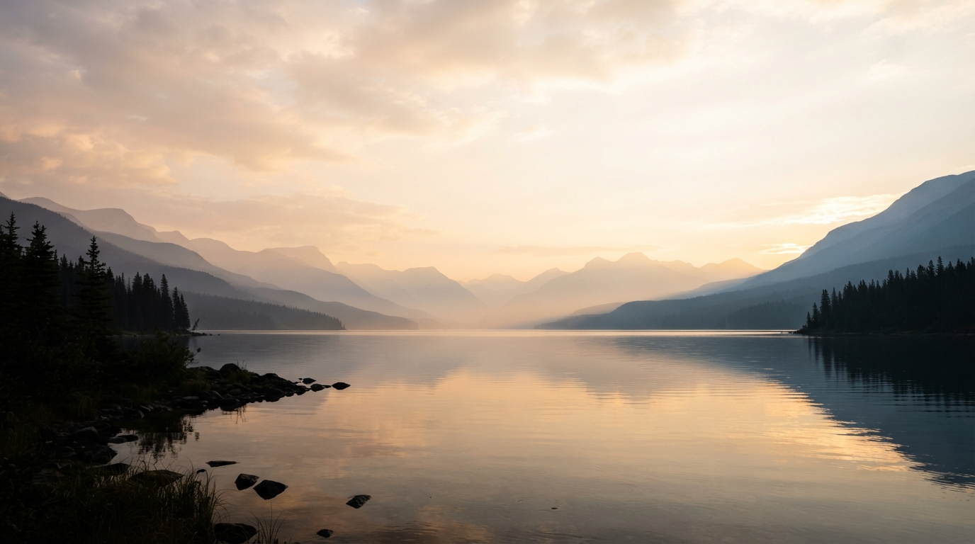 Open natural landscape at golden hour with a long sunlit horizon over calm misty hills