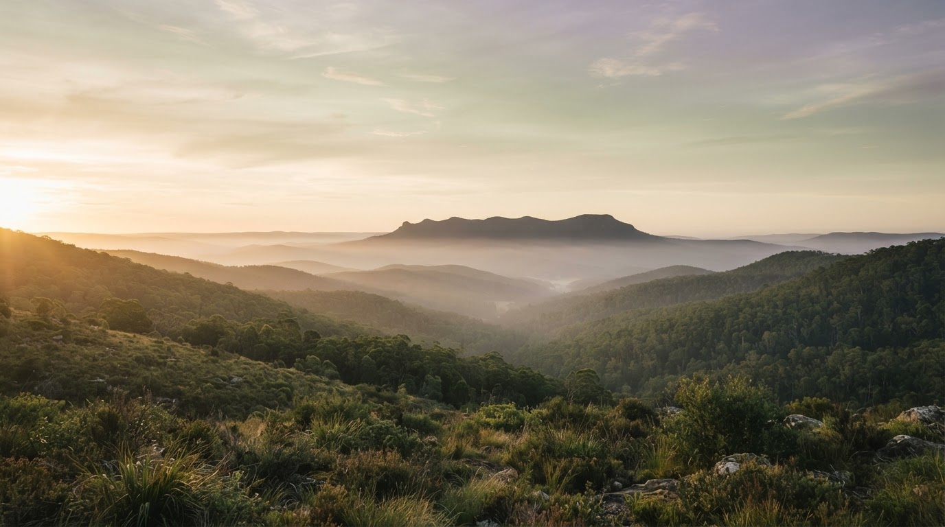 Open natural landscape at first light with soft mist drifting over layered hills receding toward a luminous wide horizon