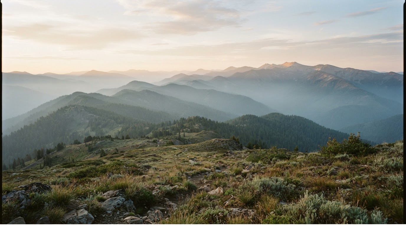Open natural landscape with layered ridgelines receding into soft morning mist toward a wide horizon
