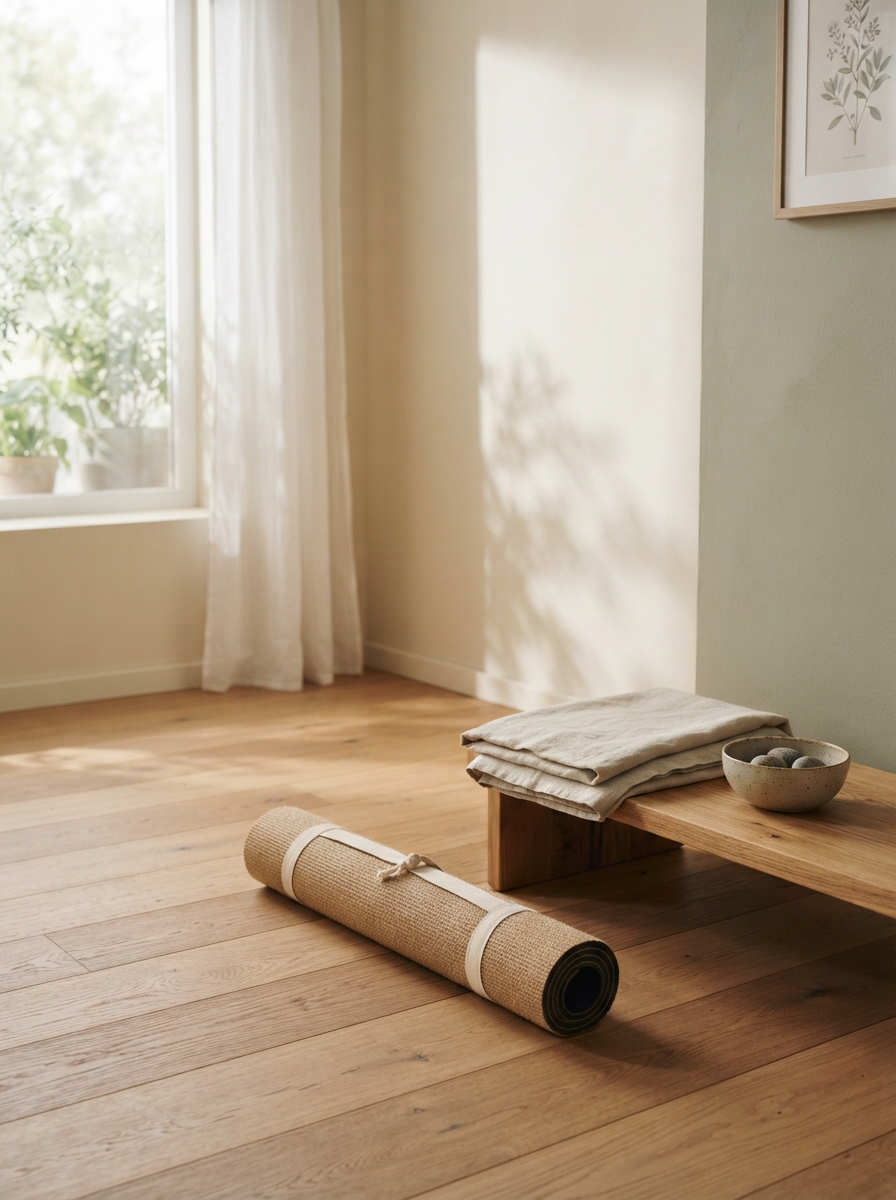 A quiet, uncluttered practice space in soft morning light with a rolled yoga mat on warm wood