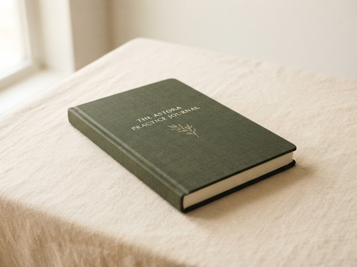 The Astora Practice Journal — a 90-day guided practice journal with a deep forest-green textured cover, cream typography and a delicate gold botanical branch