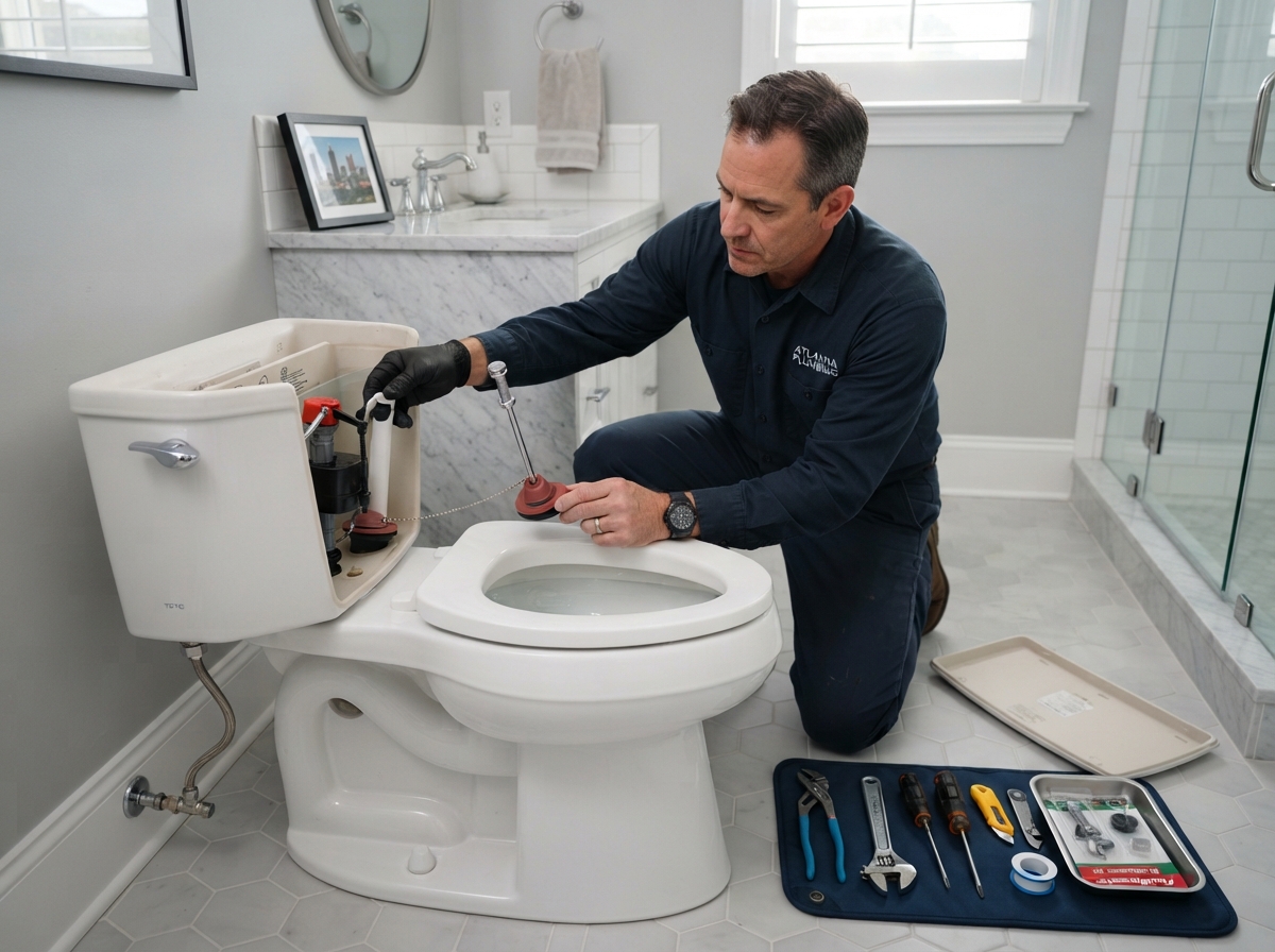 Plumber repairing a toilet tank fill valve and flapper in an Atlanta, Georgia bathroom