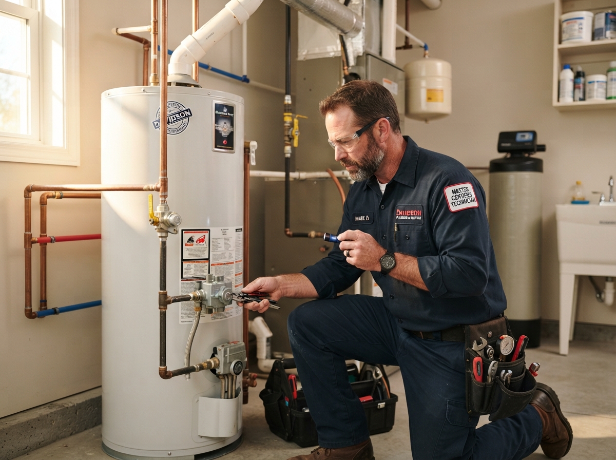 Water heater repair technician inspecting gas water heater valves in Atlanta, Georgia