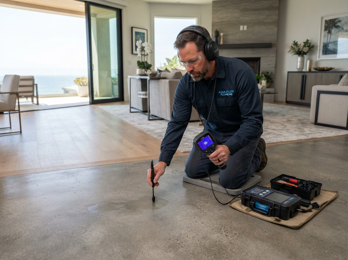 Acoustic slab leak detection equipment used by an Atlanta, Georgia plumber on a concrete floor