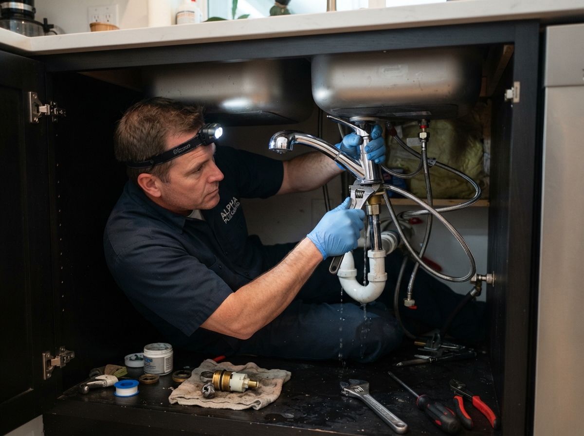 Plumber repairing a leaking kitchen faucet and replacing the cartridge in an Atlanta, Georgia home