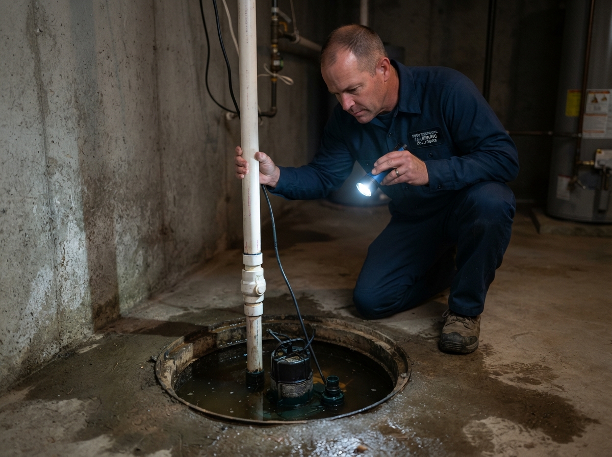 Plumber inspecting a sump pump and discharge pipe in an Atlanta, Georgia basement