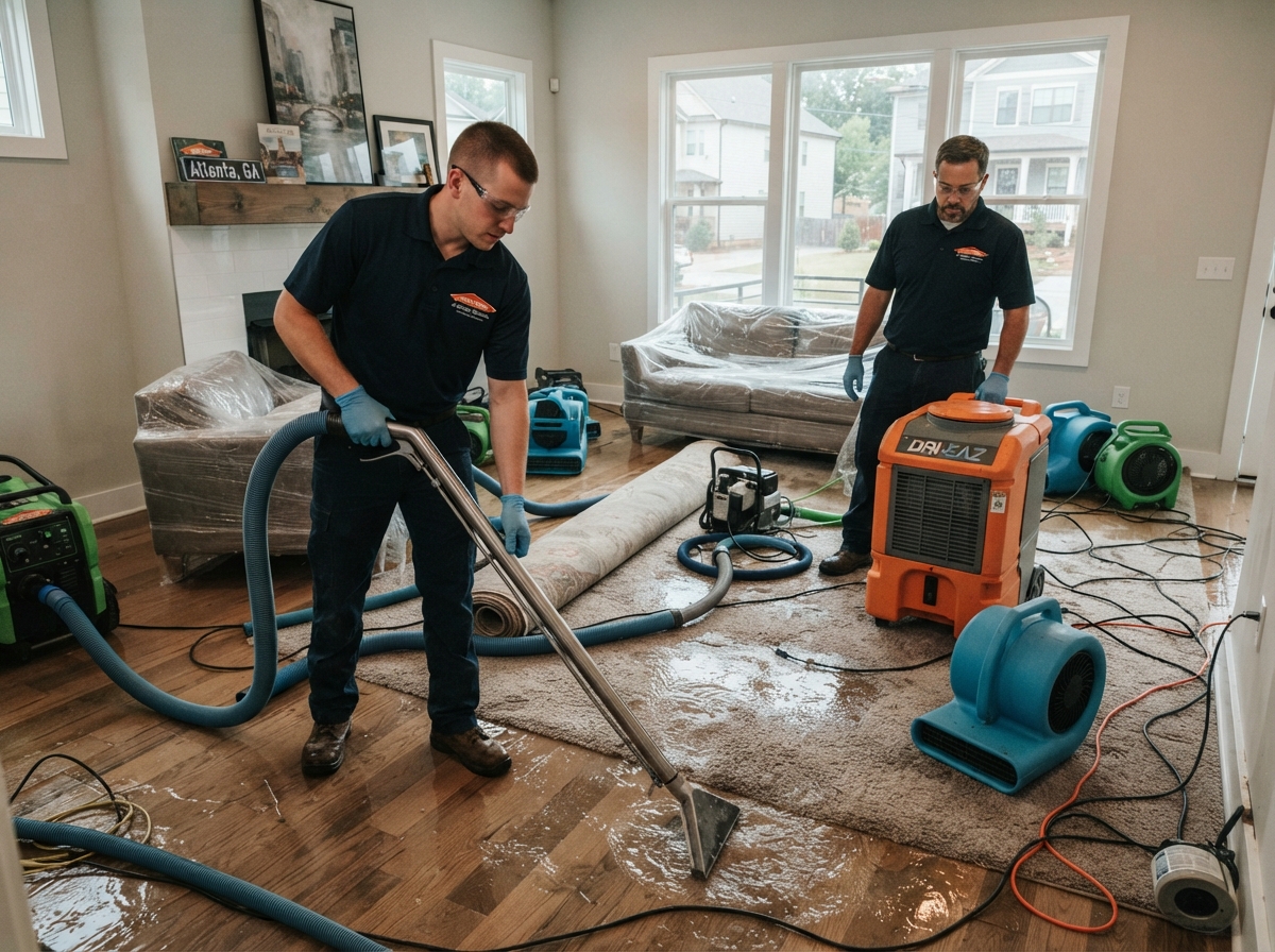 Water damage restoration team operating extraction and drying equipment in an Atlanta, Georgia home