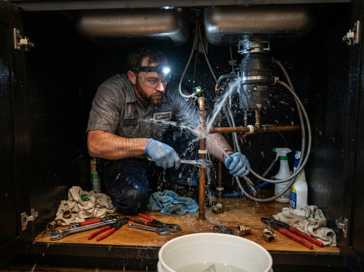 Emergency plumber responding to a burst pipe under a kitchen sink in an Atlanta, Georgia home