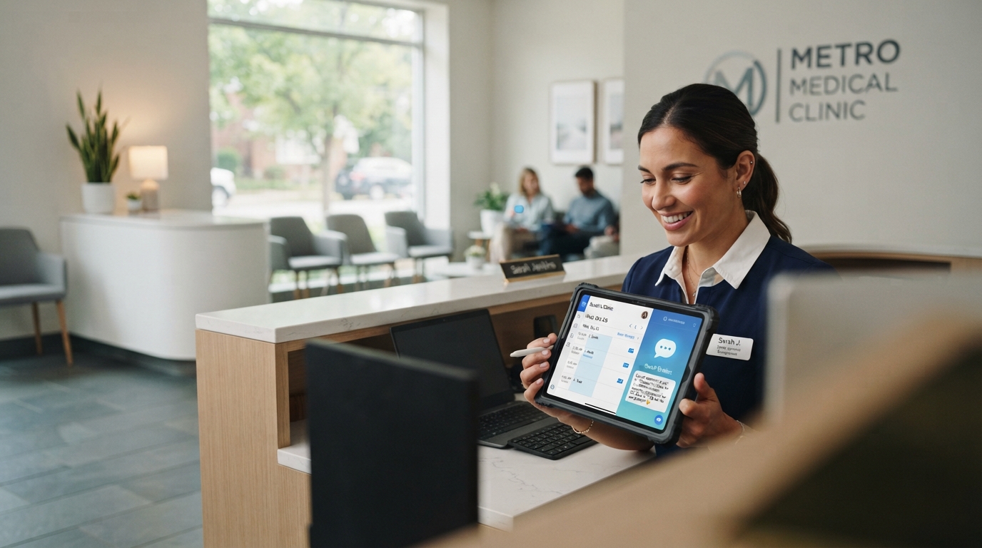 Recepcionista de una clínica gestionando la agenda de citas con recordatorios por email y un bot de IA en una tablet