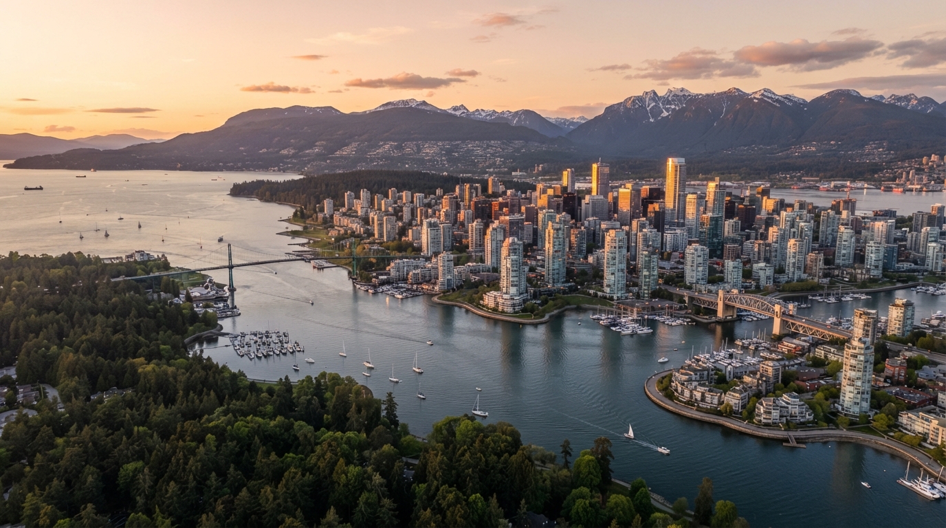 Aerial view of the Vancouver skyline, Stanley Park, English Bay, and the North Shore mountains at golden hour