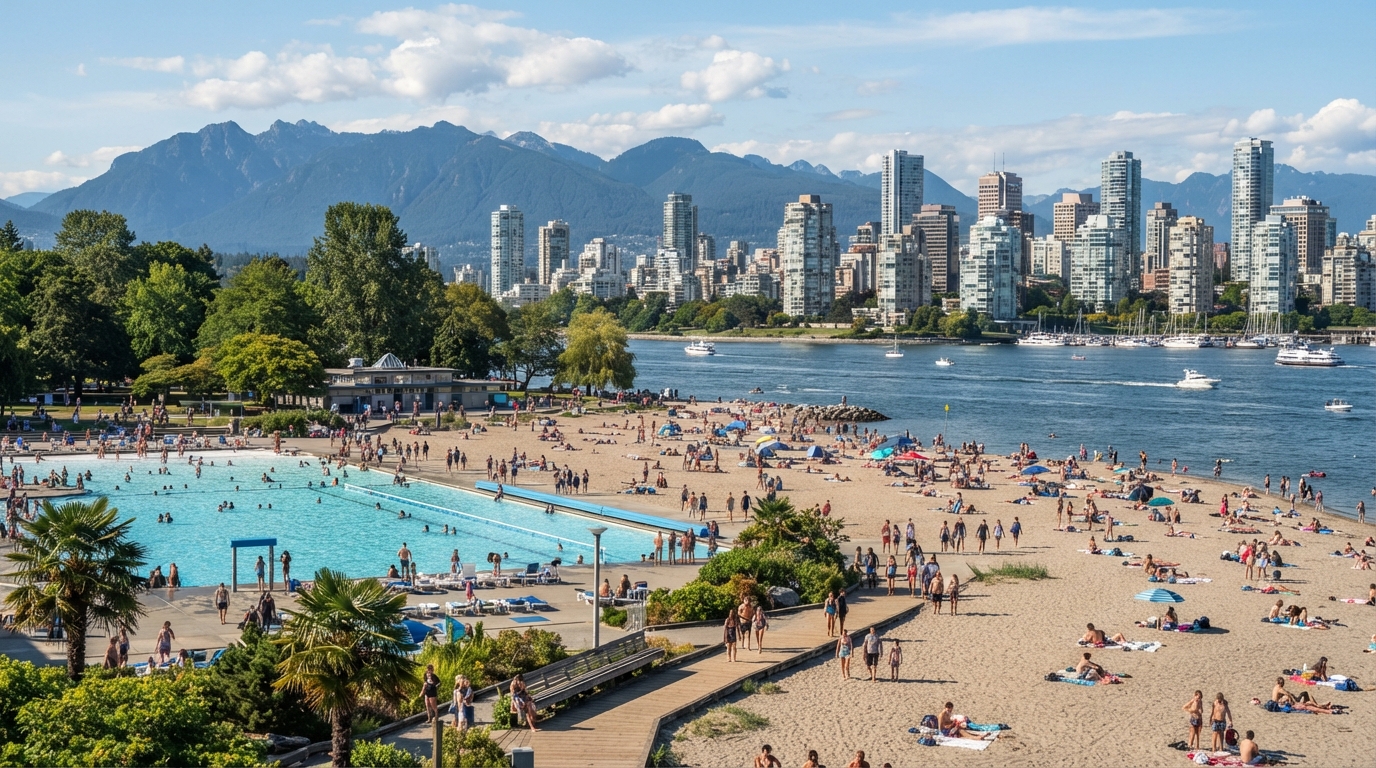 Kitsilano Beach and the saltwater Kitsilano Pool on English Bay with the downtown skyline behind