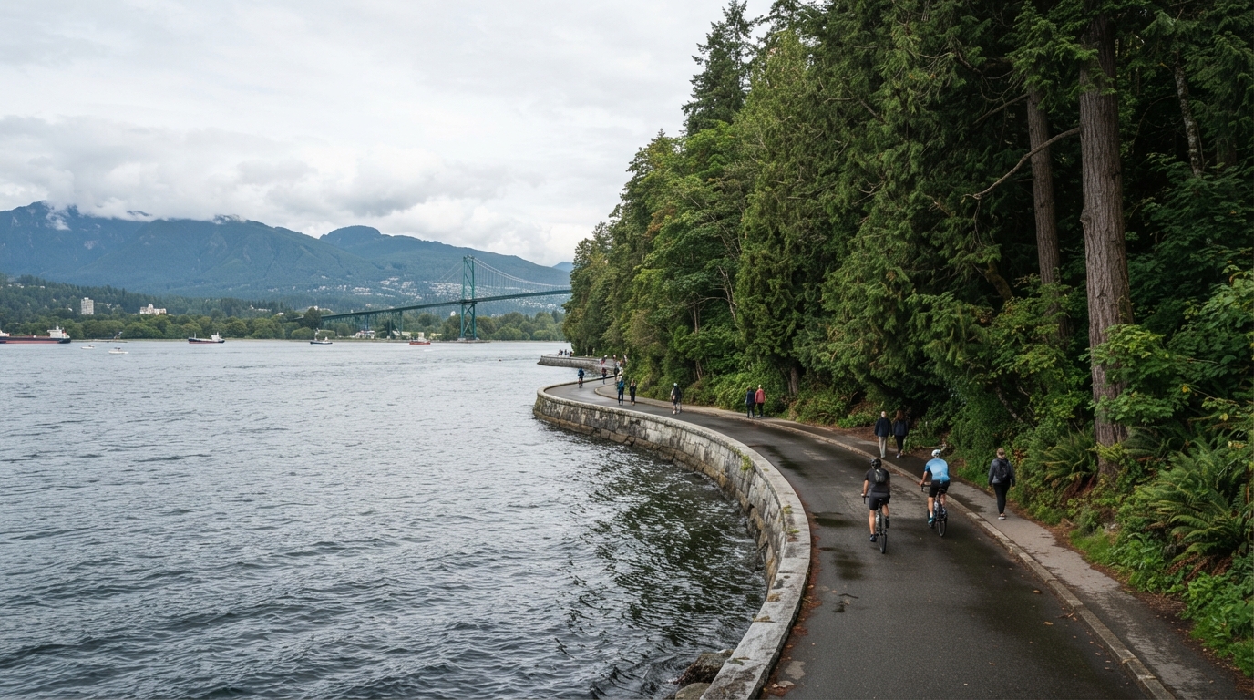 The Stanley Park Seawall along the ocean with old-growth forest and Lions Gate Bridge in the distance