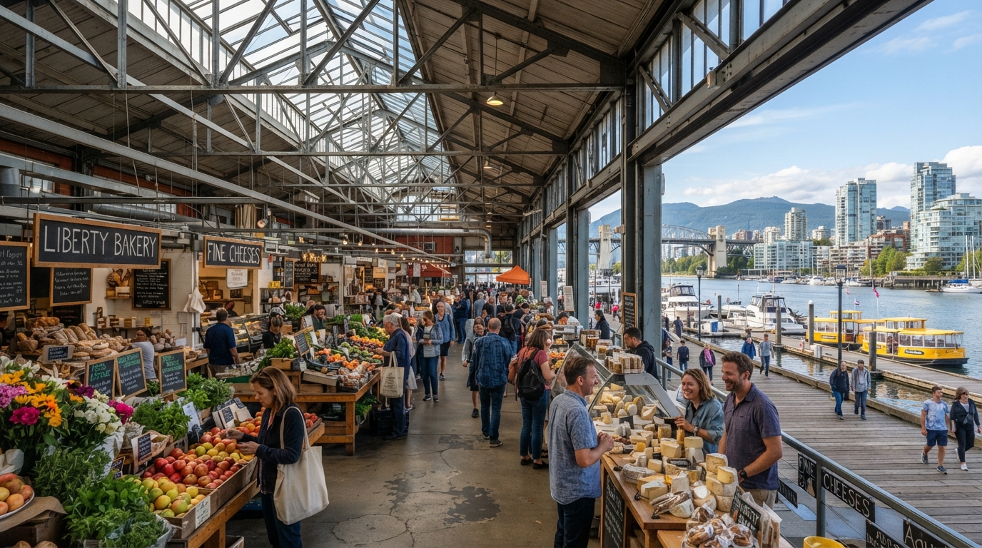 Granville Island Public Market stalls of fresh produce under the metal truss building on False Creek