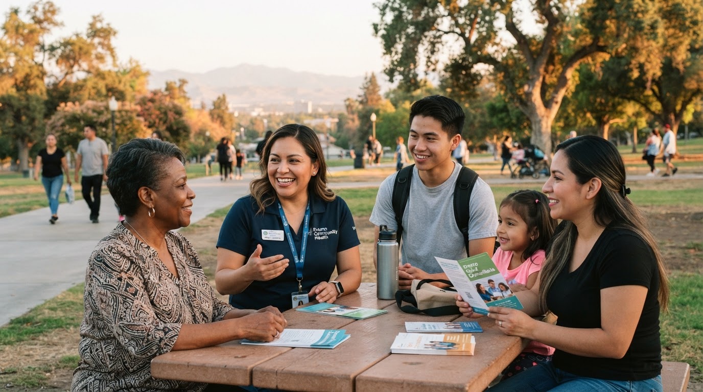A community health navigator talking with neighbors in a sunny Fresno park