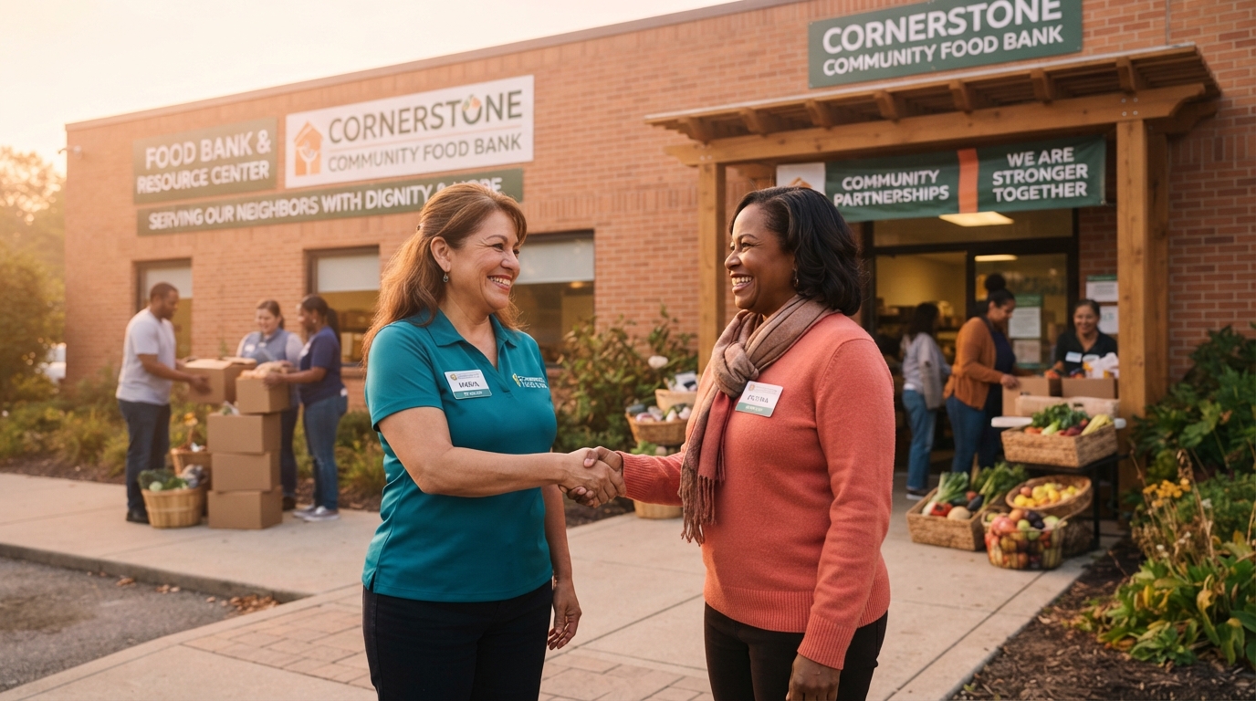 Two people shaking hands in a community partnership
