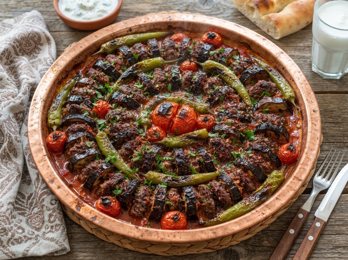 Patlıcan Kebabı — Meatballs & eggplant baked with peppers & tomato from Private Chefs