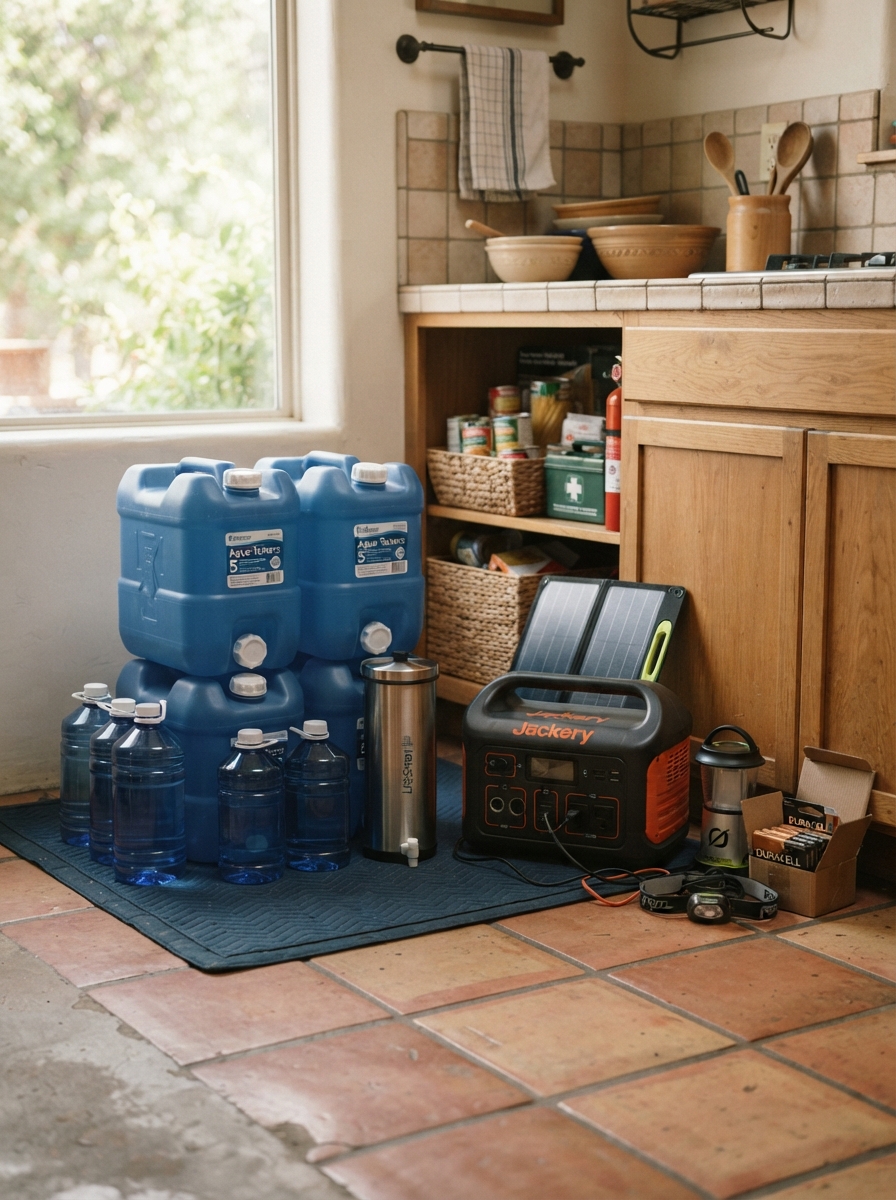 Organized emergency water, power and lighting supplies at home