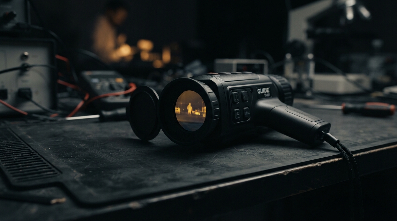 Handheld thermal monocular resting on a dark technical workbench displaying subtle thermal contrast
