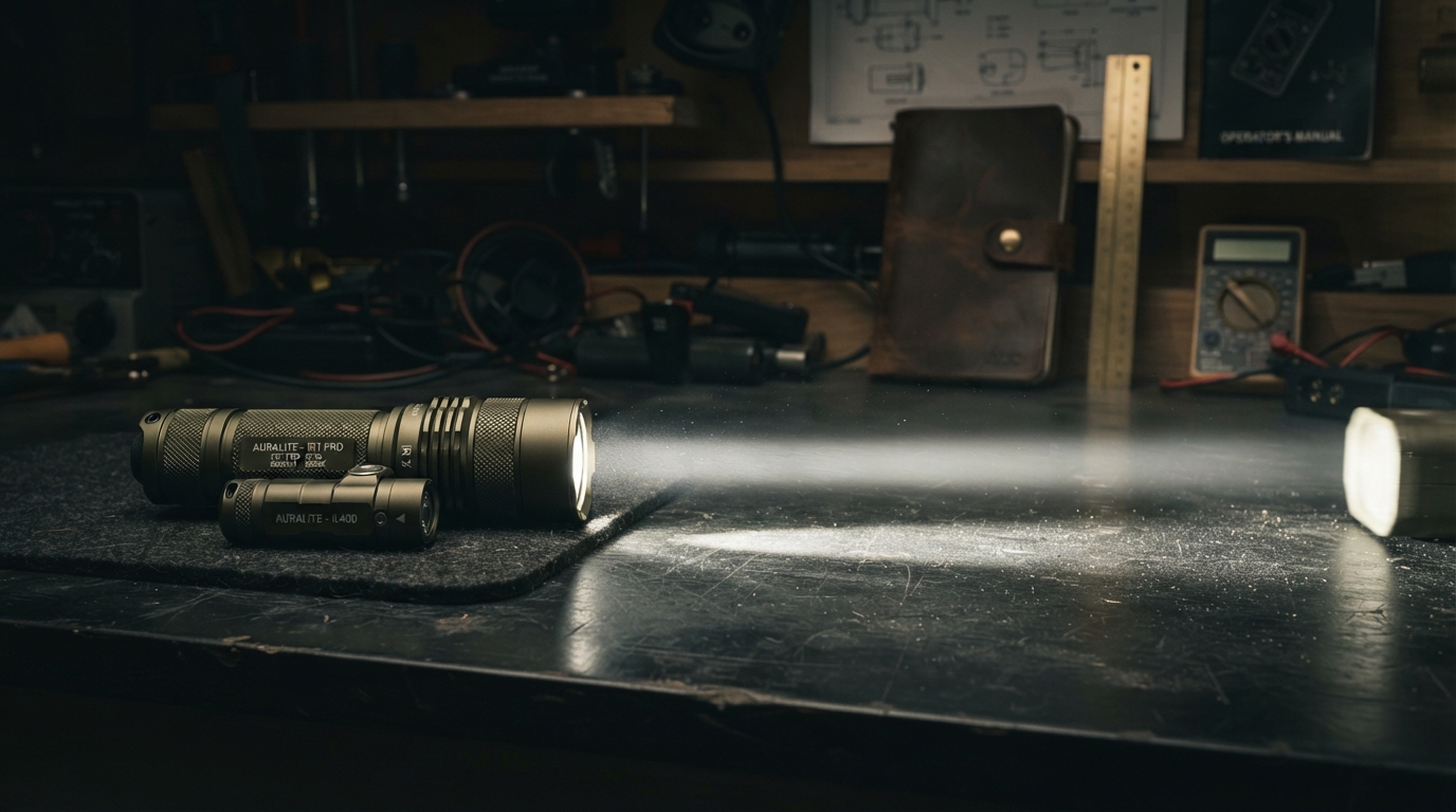 Flashlight and infrared illuminator on a dark workbench with a visible concentrated beam
