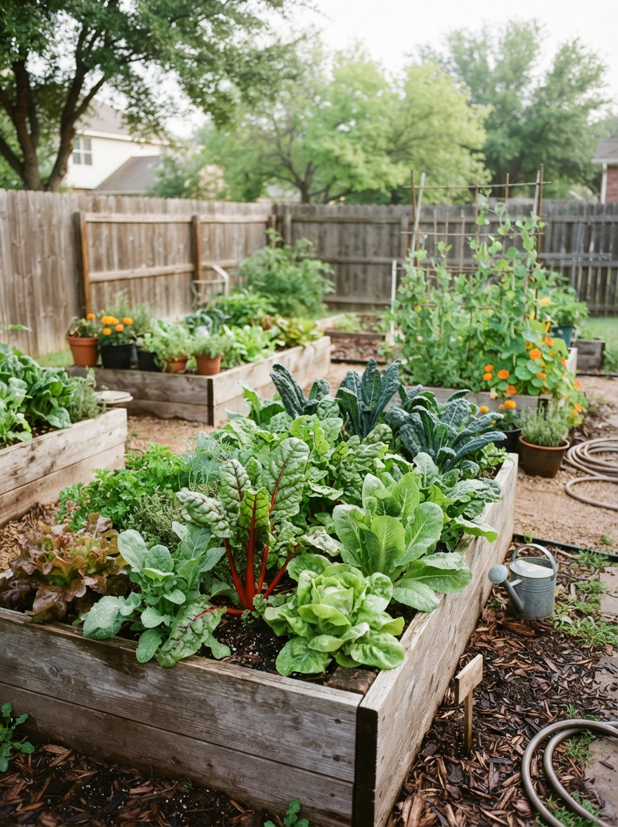 Raised garden beds with leafy vegetables in a small backyard
