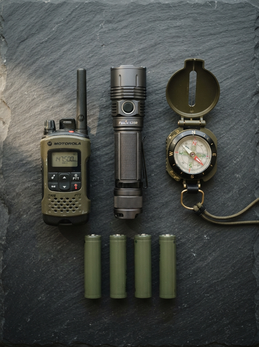 Flashlight, radio, compass and batteries arranged on a dark surface
