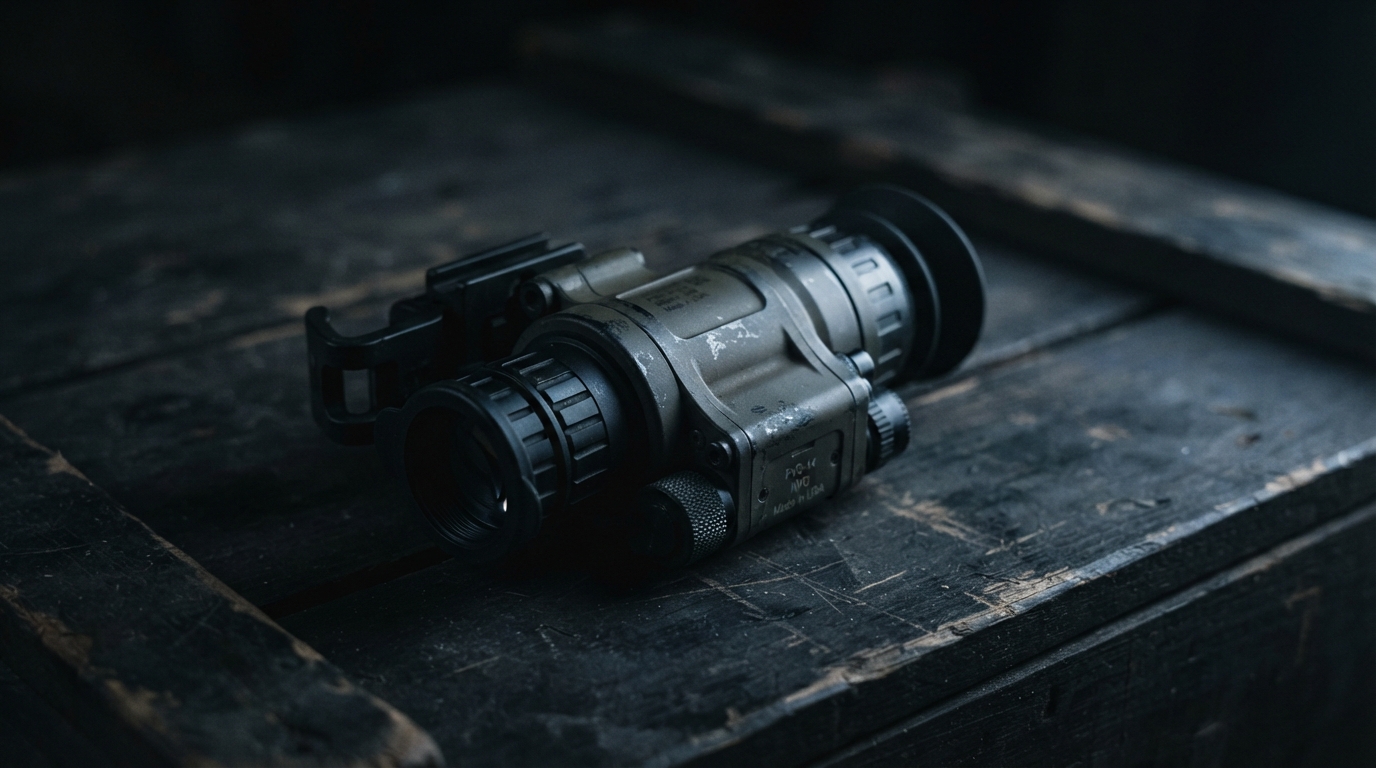 Night-vision monocular resting on a dark weathered surface in low light