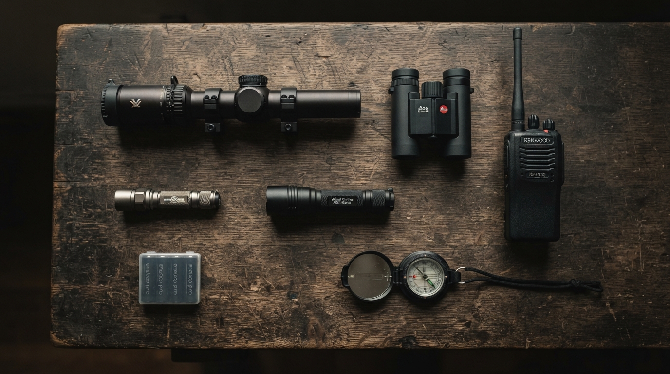 Riflescope, binoculars, radio, flashlights, batteries and compass arranged on a dark technical workbench