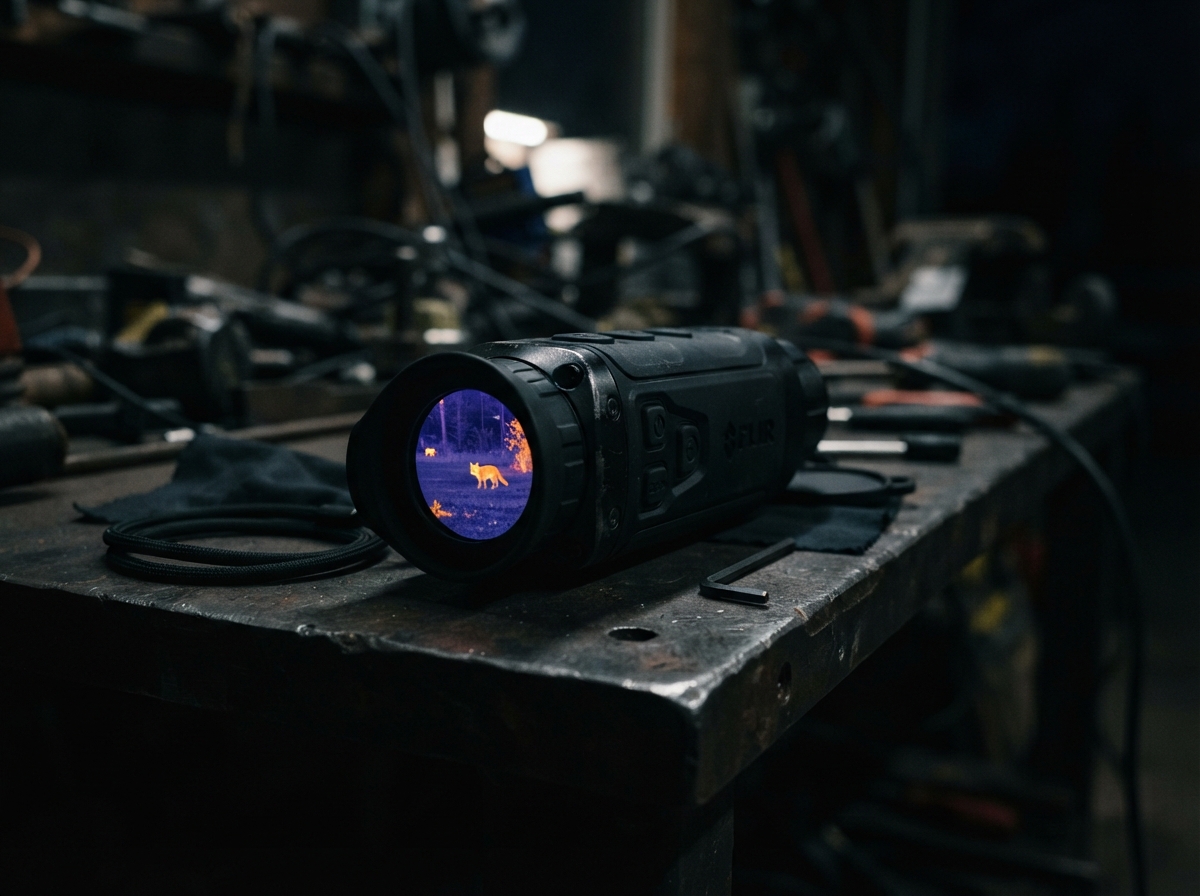 Handheld thermal monocular displaying subtle thermal contrast on a dark surface