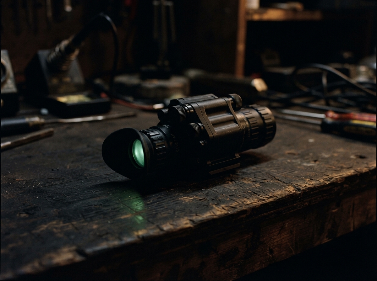 Night vision monocular resting on a dark workbench in low light with faint phosphor glow