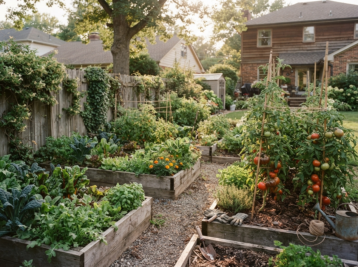 Productive raised garden beds with vegetables in a suburban backyard