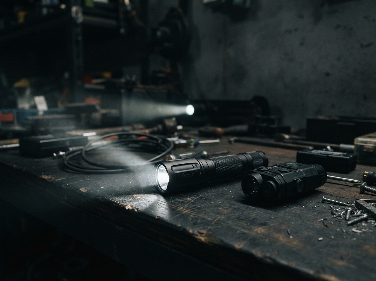 Flashlight and infrared illuminator on a dark workbench with a visible beam