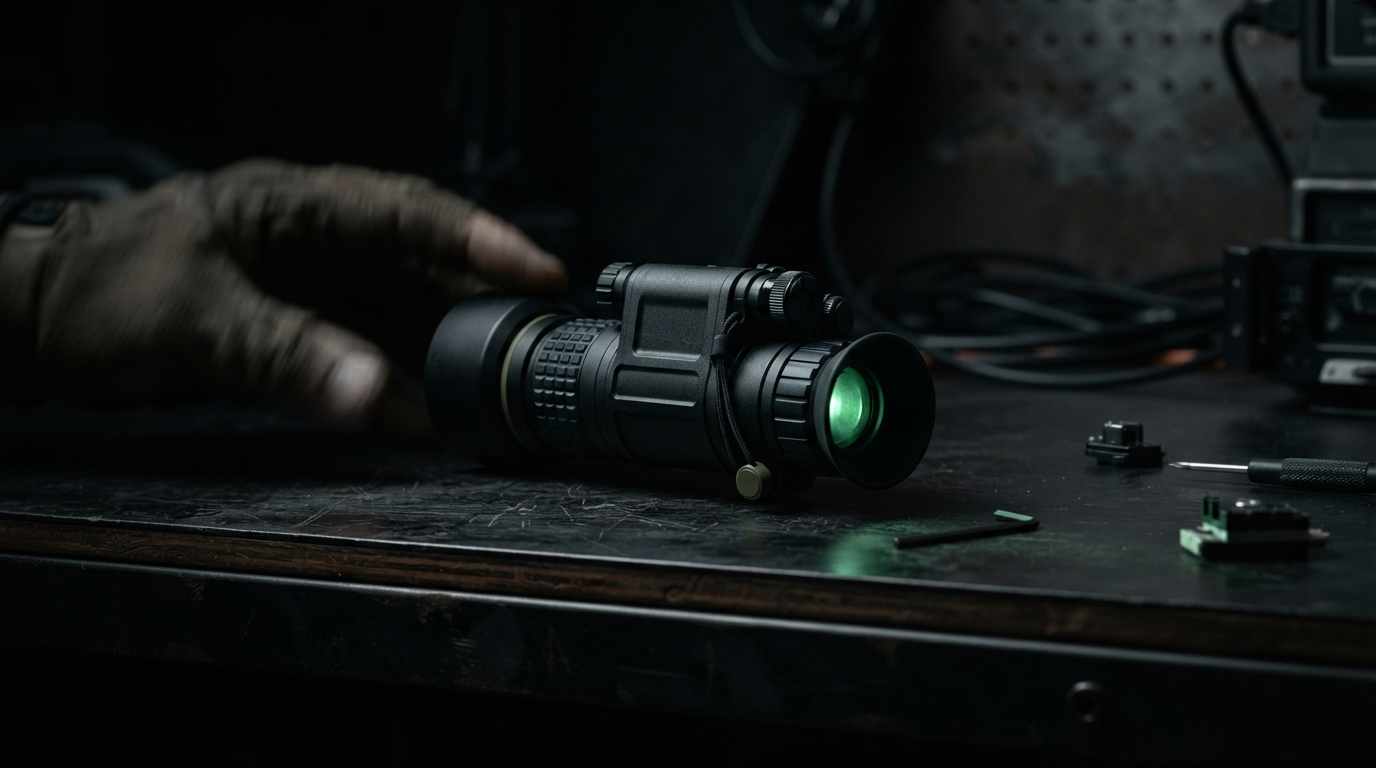 Night vision monocular resting on a dark technical workbench with a faint green phosphor glow