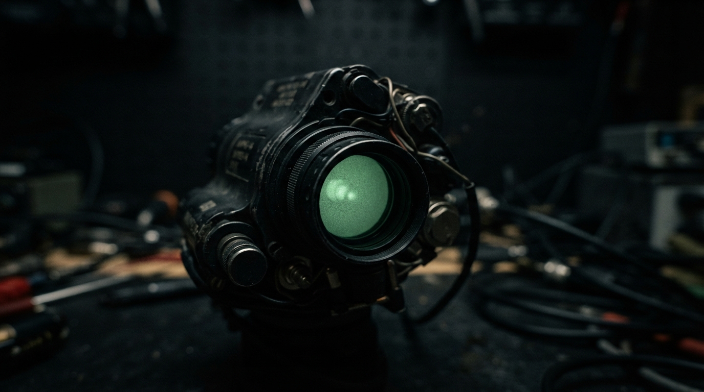 Close-up of a night vision tube and lens with faint green phosphor glow