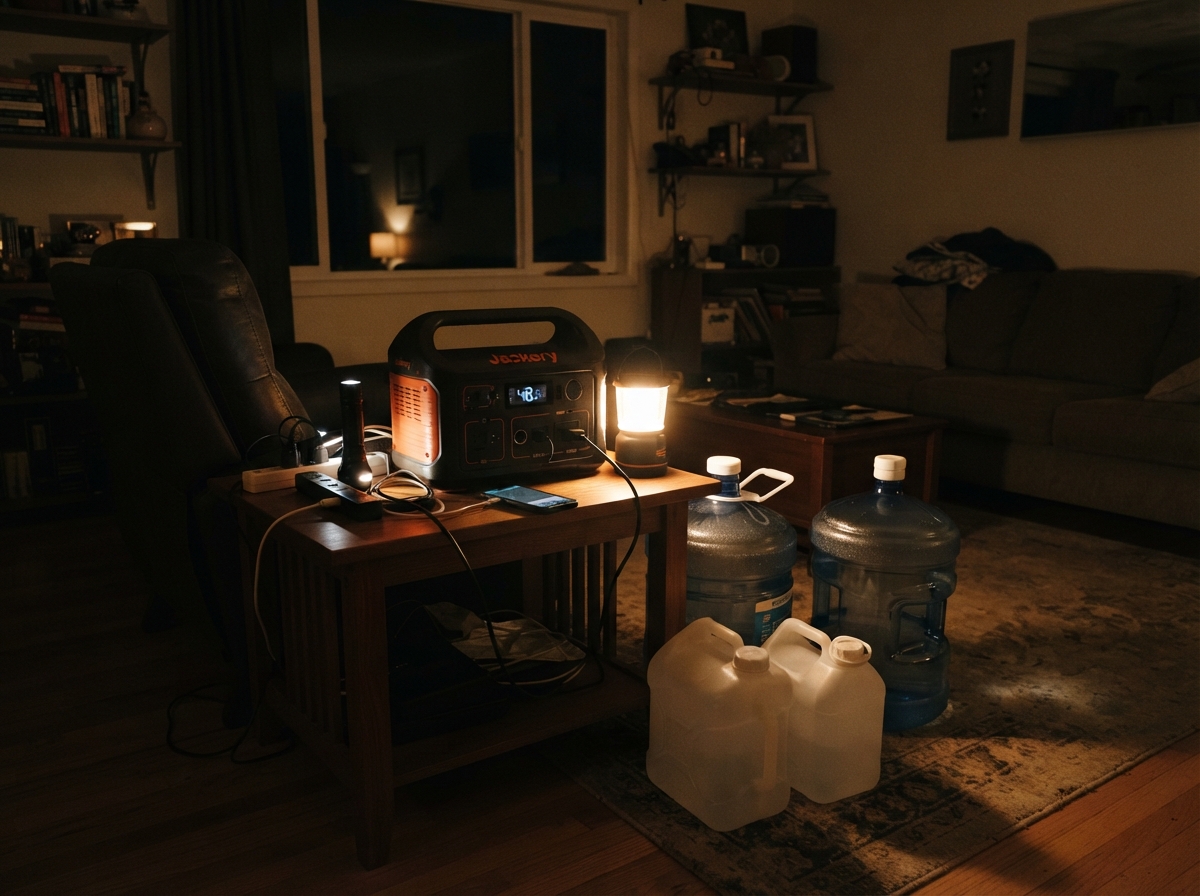 Portable power station and water containers during a home power outage