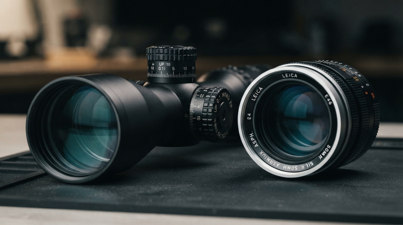 Close-up of a premium riflescope and lens with subtle coating reflections on a dark technical surface