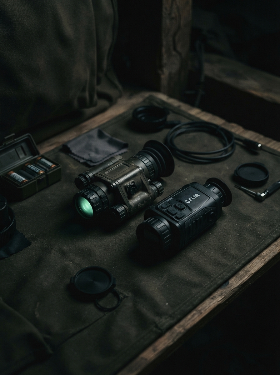Night vision goggles and thermal monocular laid out in low light