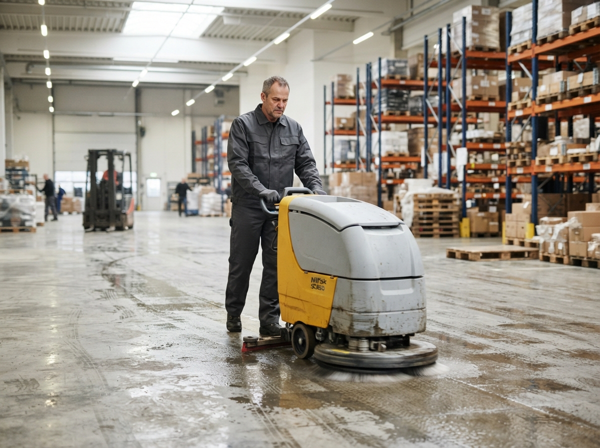 Warehouse cleaning in Thomasville, GA - worker scrubbing concrete floor with equipment