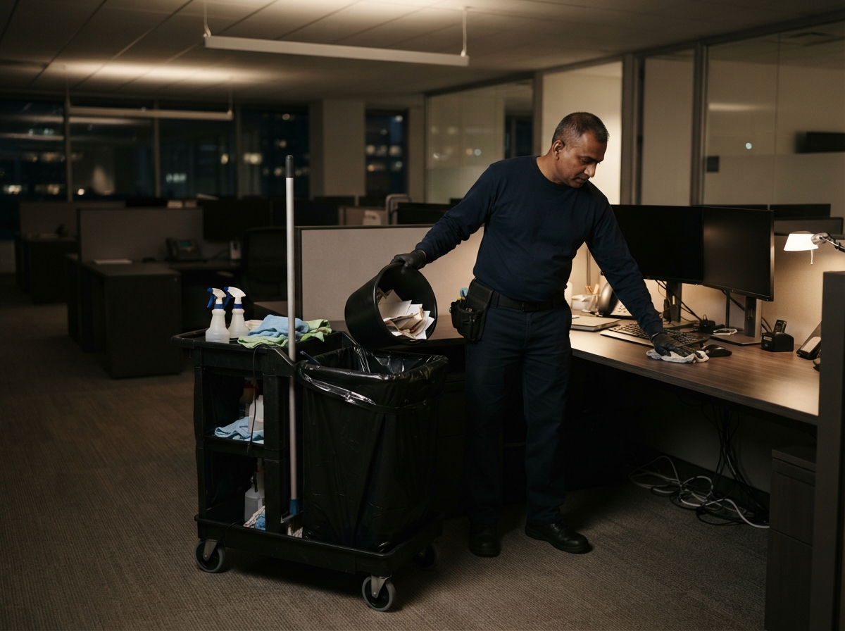 Office cleaning services in Thomasville, GA - worker emptying trash and wiping desks