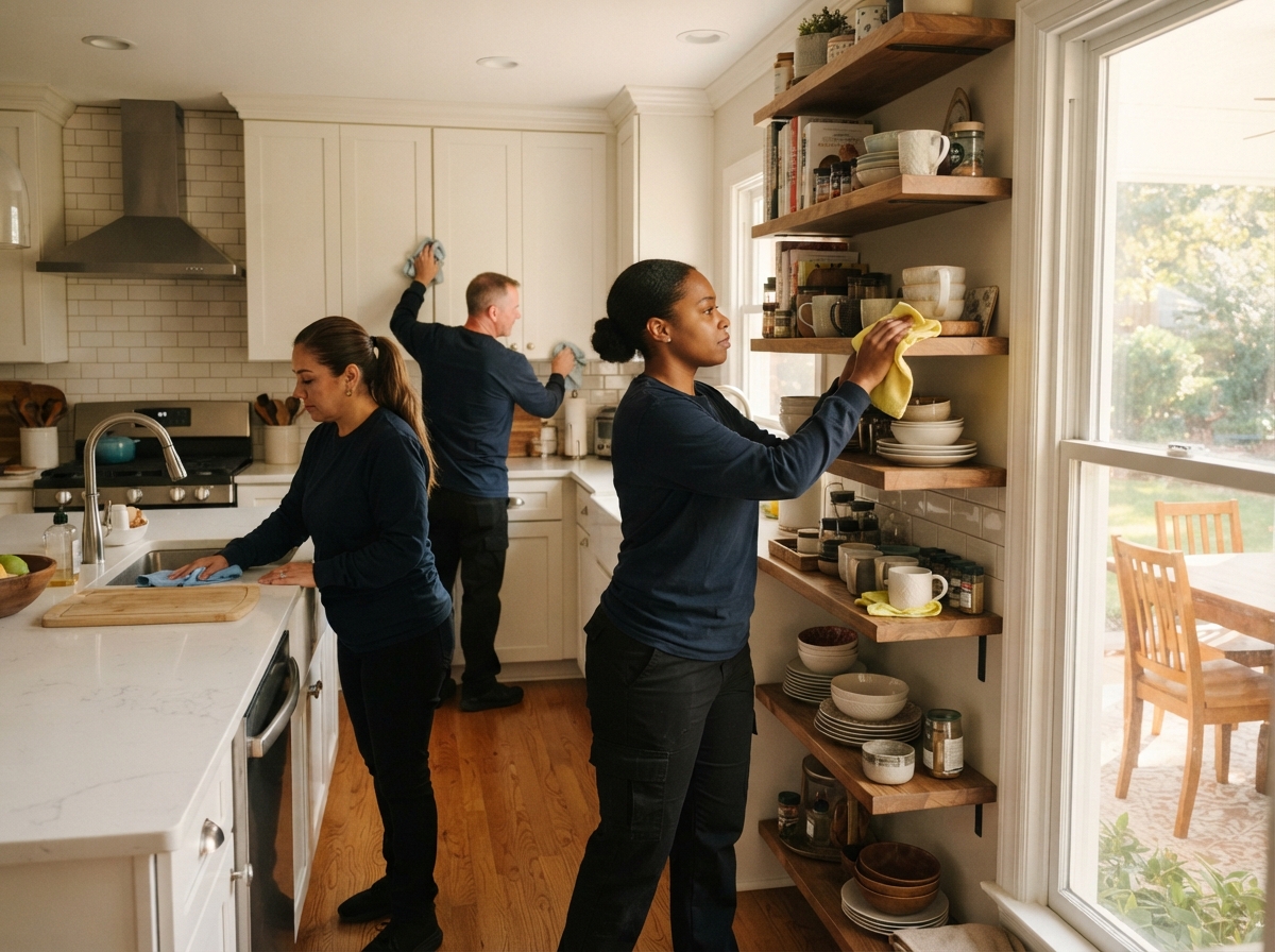 House cleaning in Thomasville, GA - cleaning team dusting shelves and kitchen